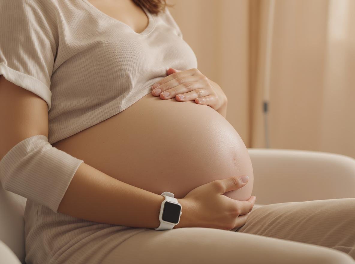Pregnant woman wearing smartwatch health monitoring device during pregnancy