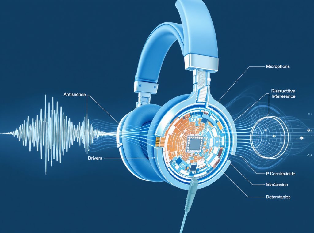 Technical diagram showing how active noise cancellation works with microphones and anti-noise wave generation