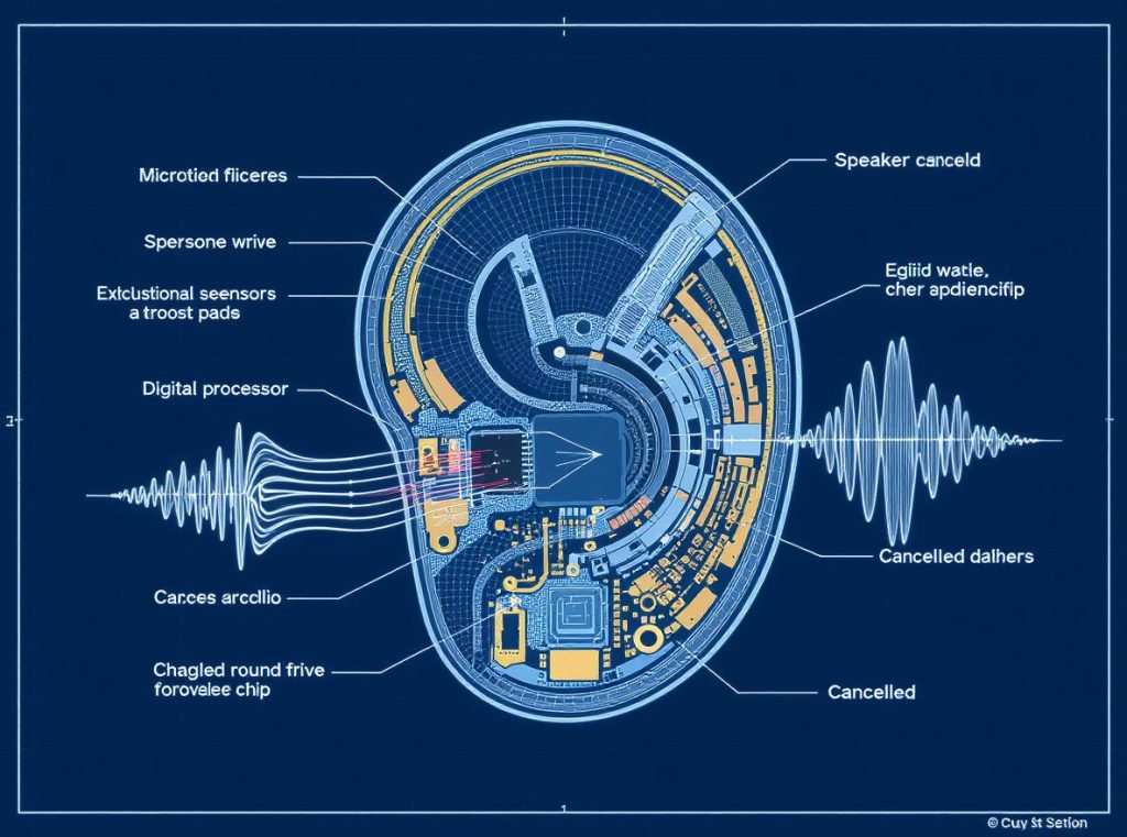 Cross-section diagram showing active noise cancellation components including microphones, processors, and speakers