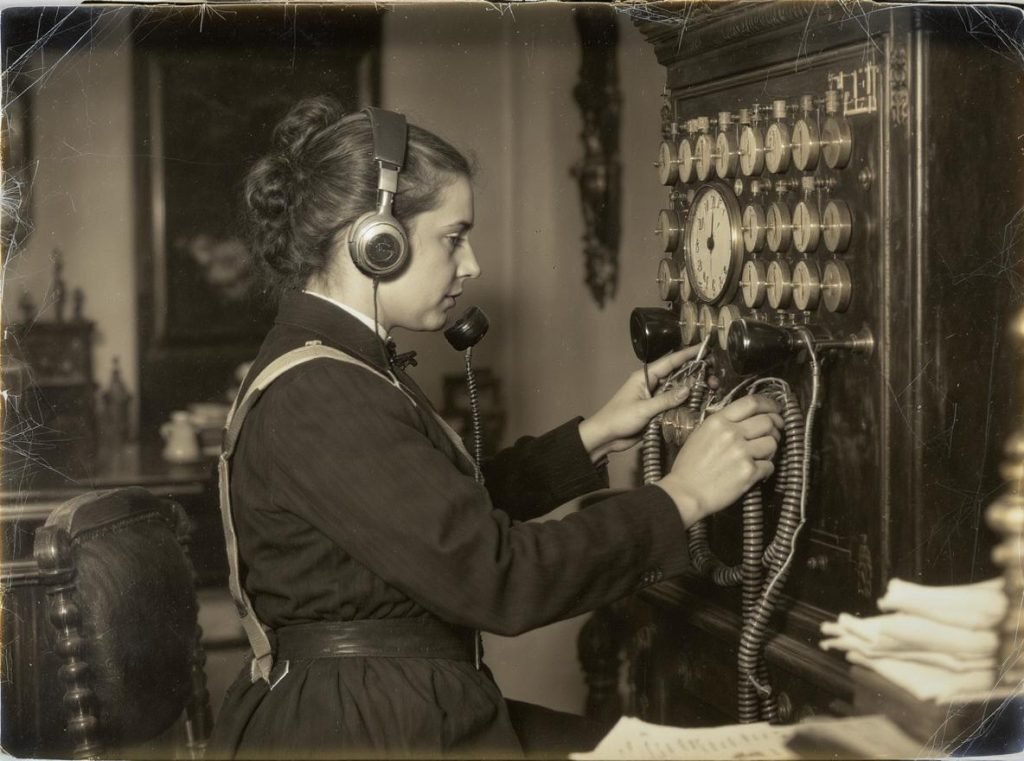 1880s telephone switchboard operator using first headphones to keep hands free while connecting calls