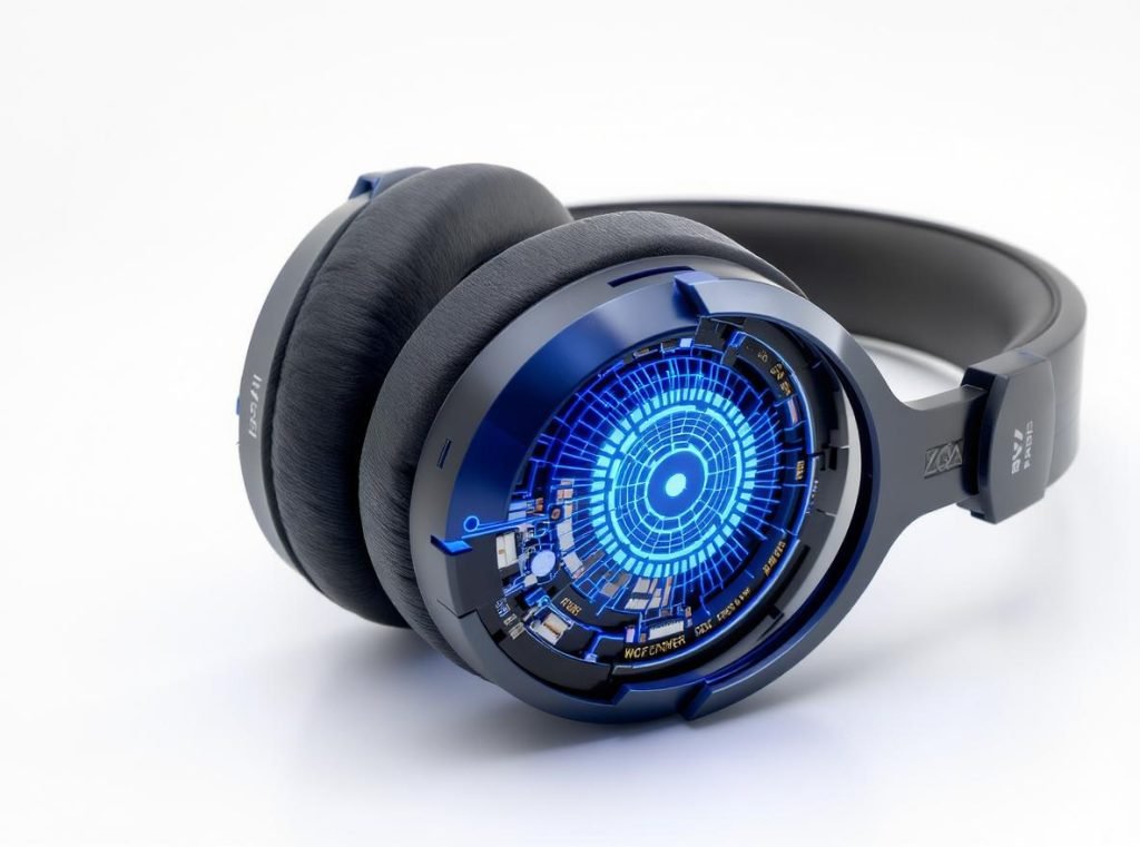 Headphone driver component highlighted inside headphone cross-section view