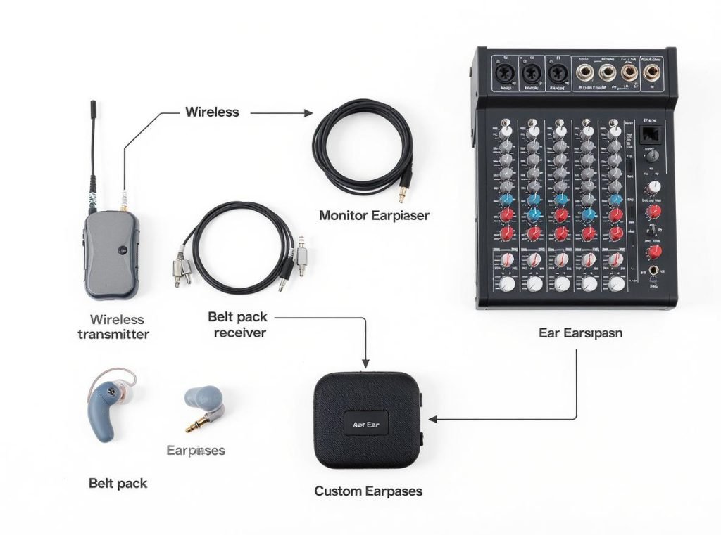 In-ear monitor system components diagram showing transmitter receiver and earpieces