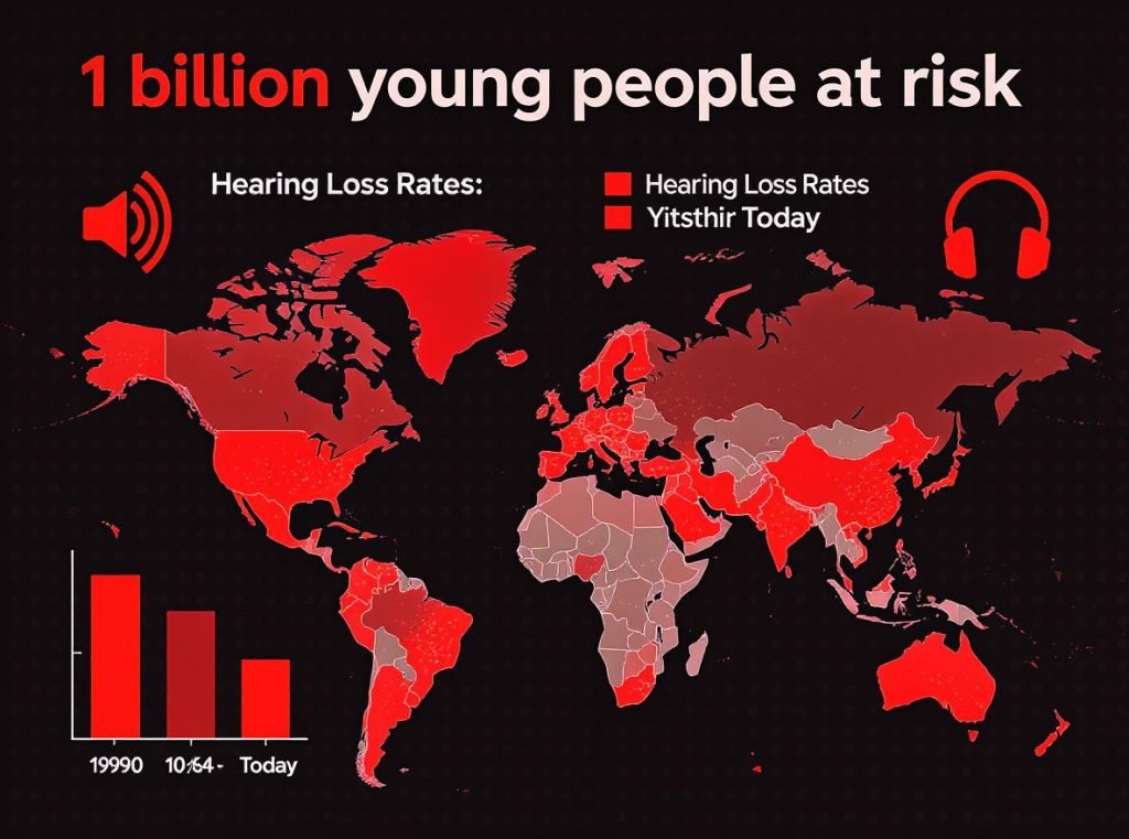 Person wearing headphones with hearing damage warning symbols and sound wave visualization