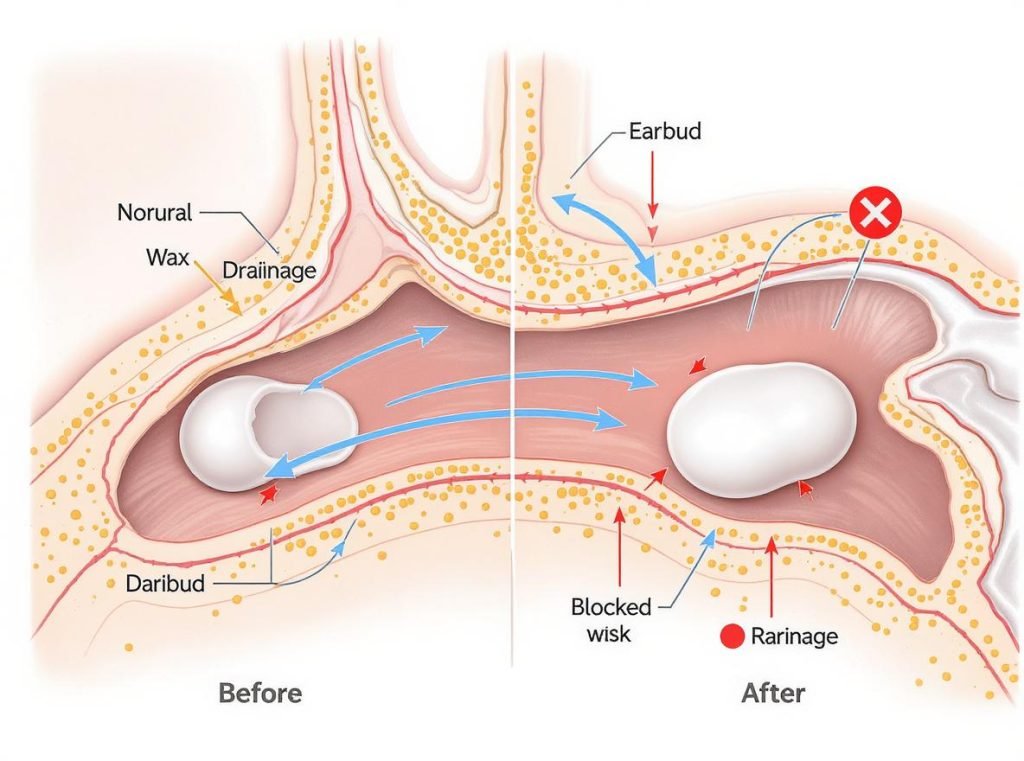 Anatomical diagram showing how earbuds block natural earwax drainage in ear canal