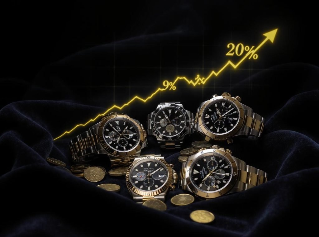 Traditional luxury watches with investment return percentages showing strong asset performance