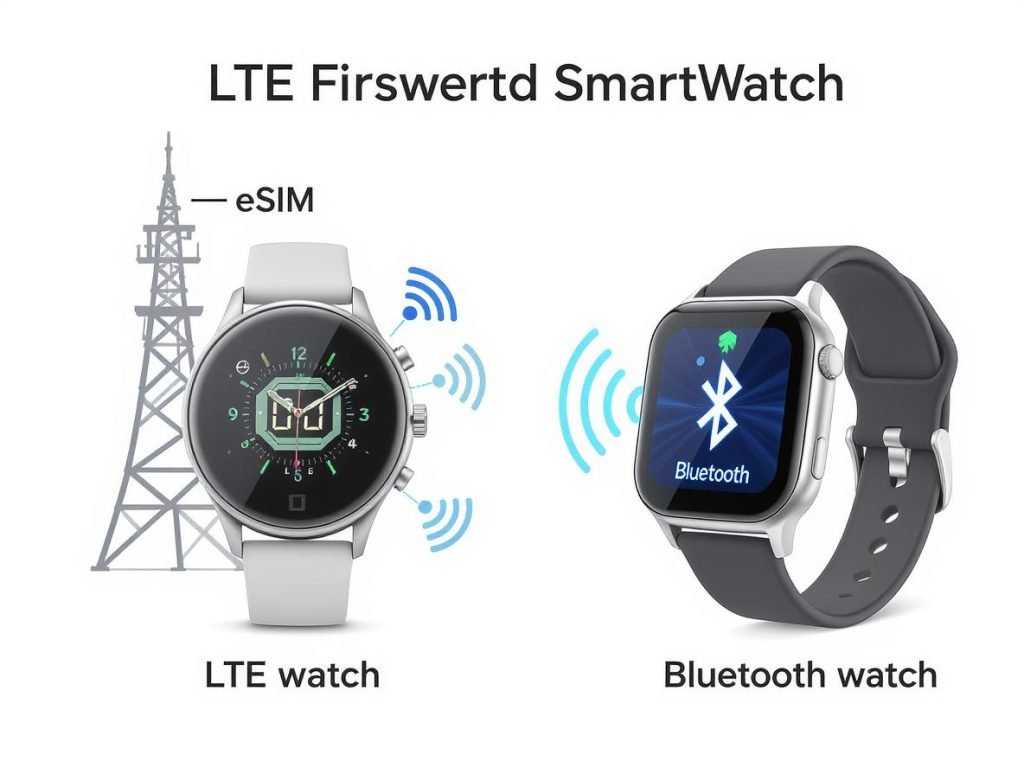 Technical diagram showing LTE smartwatch with eSIM and cellular connectivity vs Bluetooth smartwatch requiring phone connection
