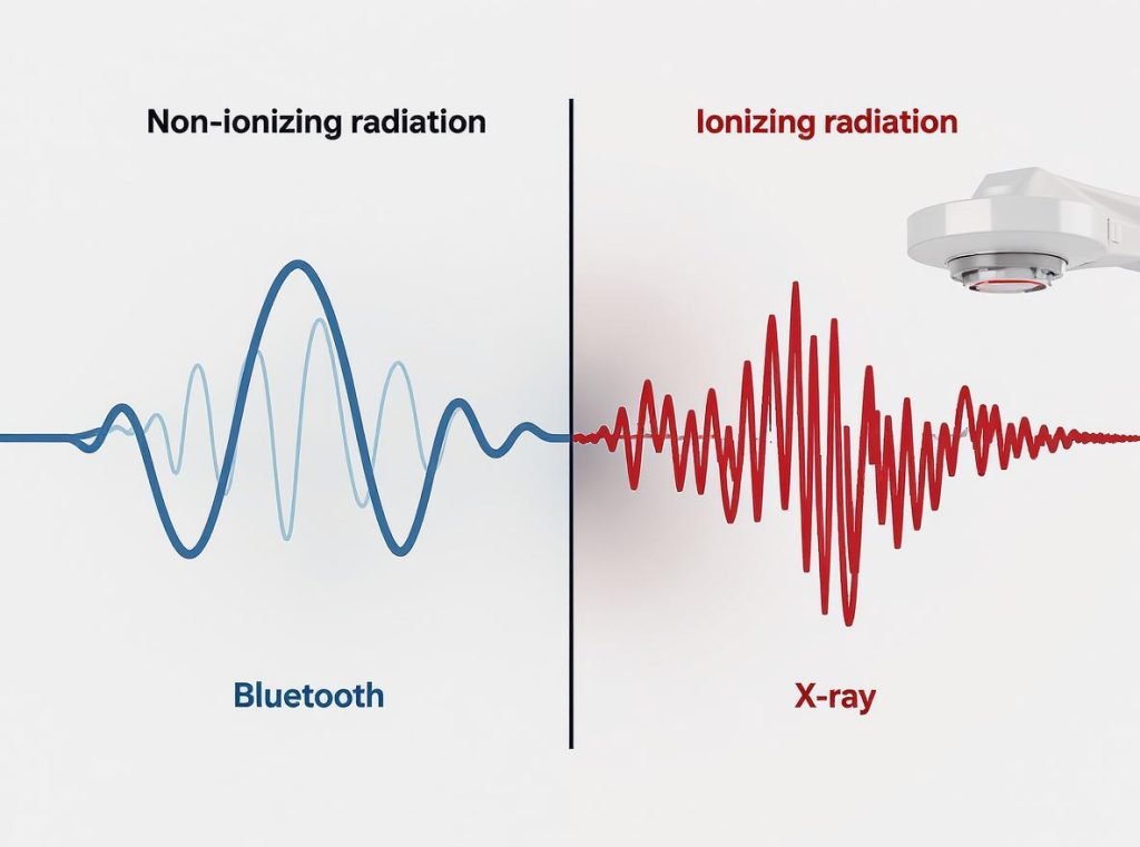 comparison diagram showing non-ionizing bluetooth radiation versus dangerous ionizing radiation waves
