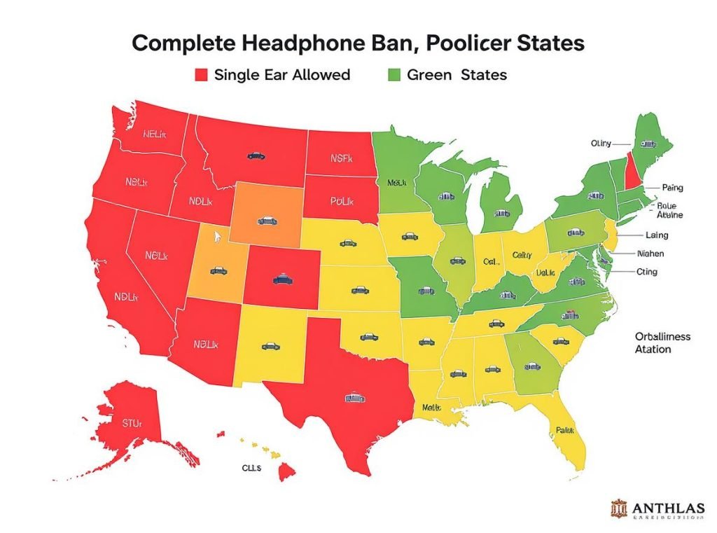United States map showing headphone laws by state for drivers with color-coded restrictions