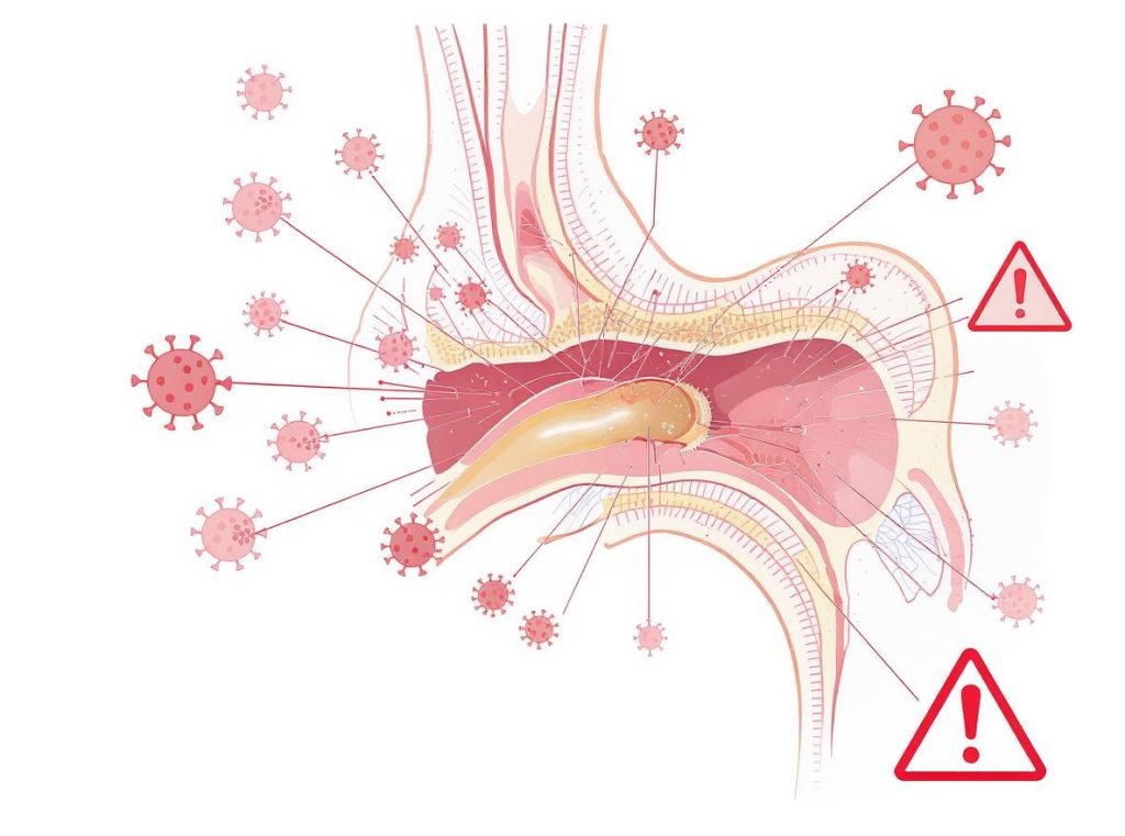 Medical diagram showing bacteria entering ear canal from shared earbuds causing infections
