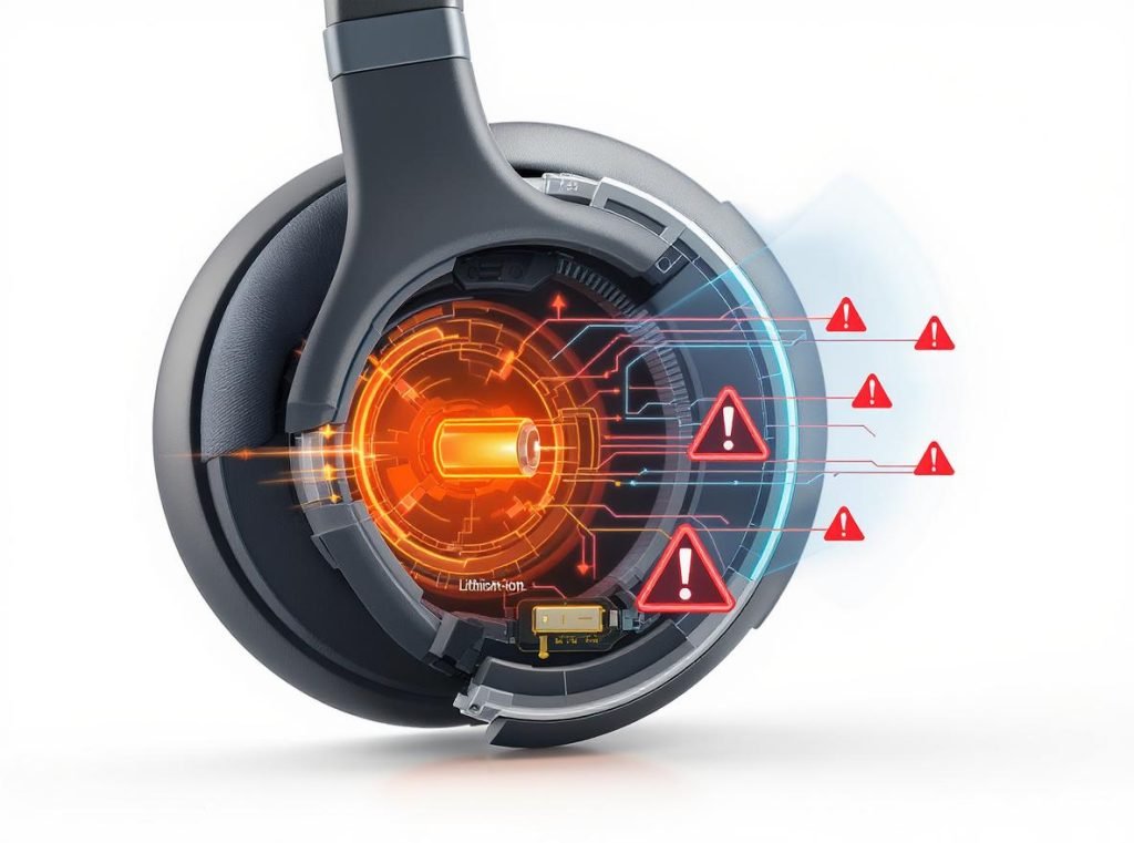 Wireless headphone internal battery showing thermal runaway dangers and overheating risks