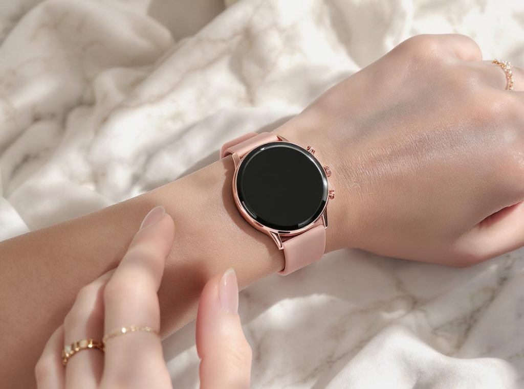 Woman wearing perfectly sized smartwatch showing ideal design features for feminine wrists