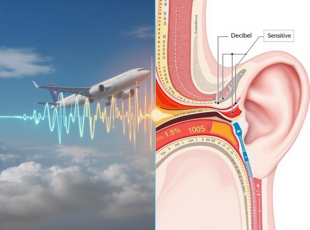 Airplane noise levels and baby ear sensitivity illustration showing 105 decibels during takeoff