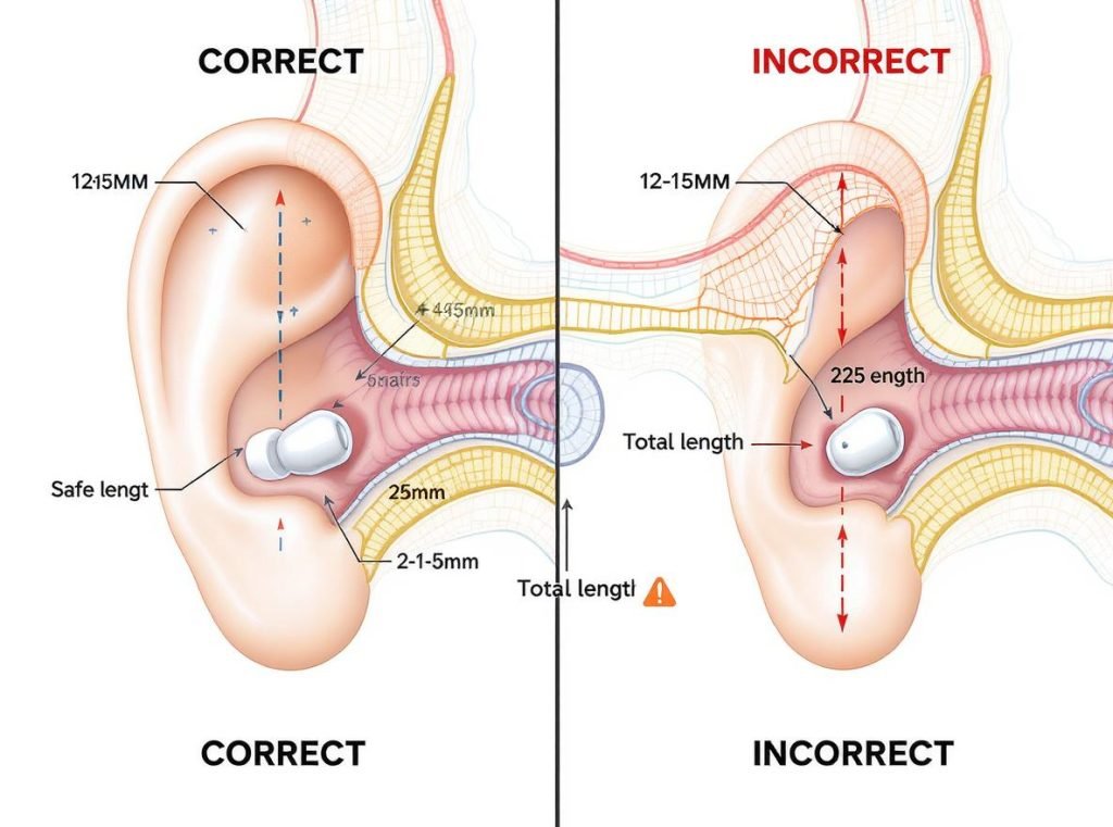 Ear canal depth comparison showing safe 12-15mm earbud insertion versus dangerous deep placement
