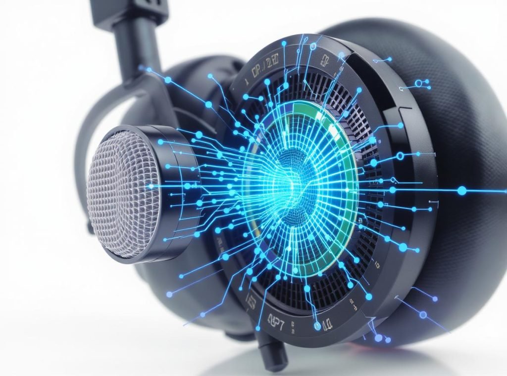 Technical diagram showing headphone microphone beamforming technology and noise cancellation features