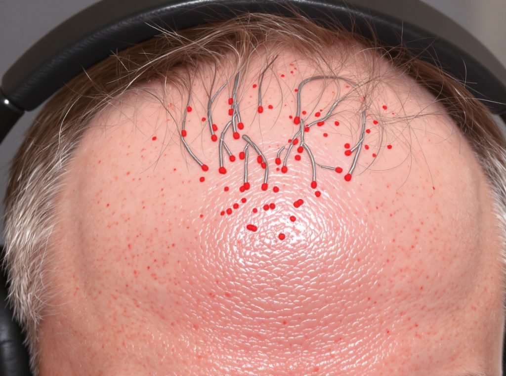 Medical illustration showing traction alopecia pattern from headphone pressure on scalp