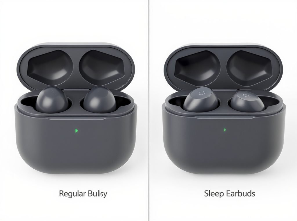 Comparison of regular earbuds vs sleep earbuds showing size and profile differences
