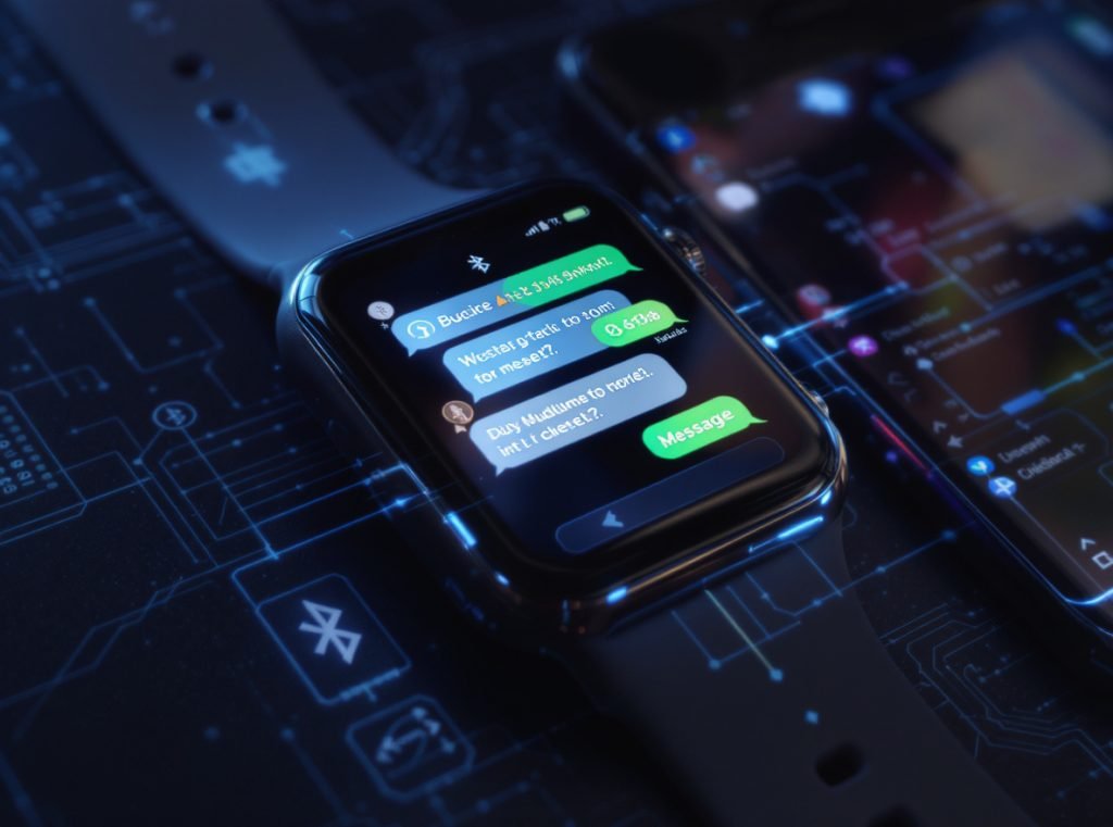Smartwatch displaying WhatsApp messages with Bluetooth connection to smartphone