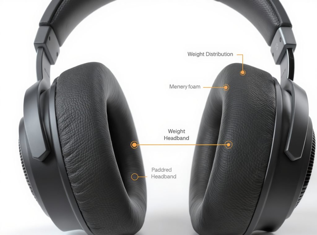 Headphone comfort features memory foam cushions padded headband weight distribution