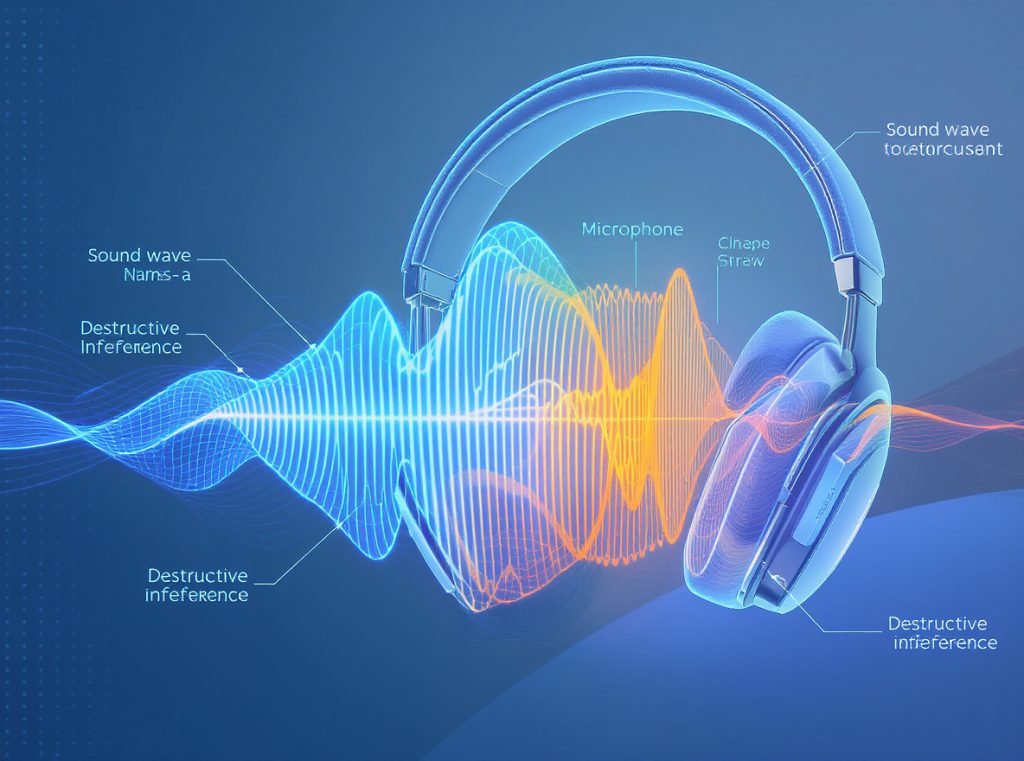Active noise cancellation technology diagram showing how ANC works with sound wave cancellation