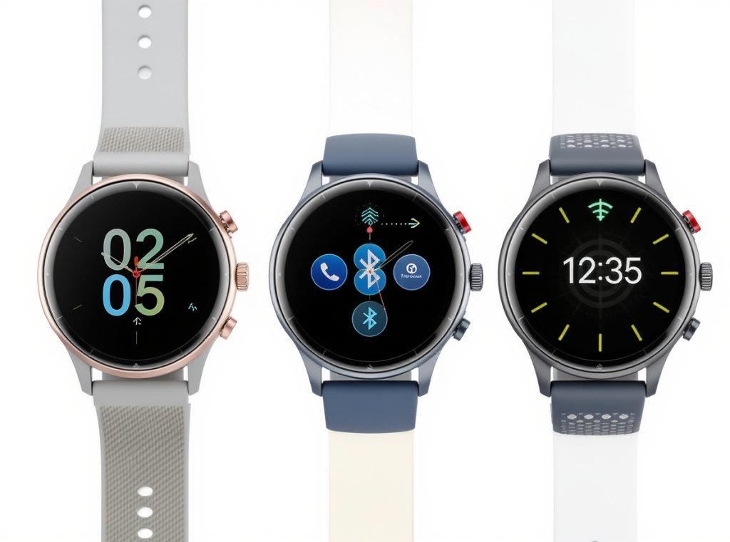 Three types of smartwatches showing GPS-only, Bluetooth, and cellular connectivity options
