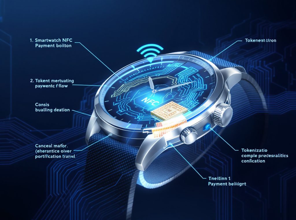 NFC payment process diagram showing smartwatch technology workflow