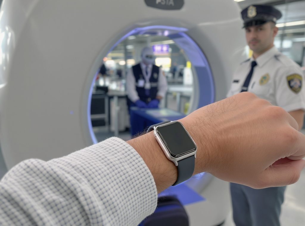 Traveler wearing smartwatch through airport security TSA checkpoint screening