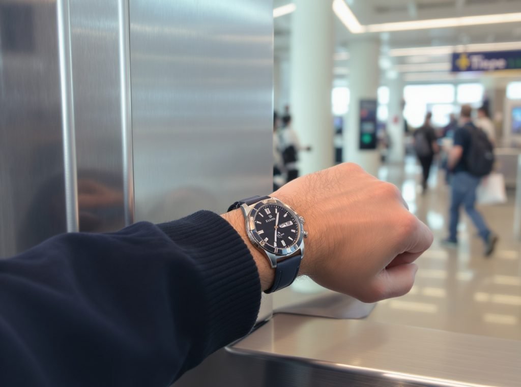 Traveler wearing smartwatch at TSA airport security checkpoint screening