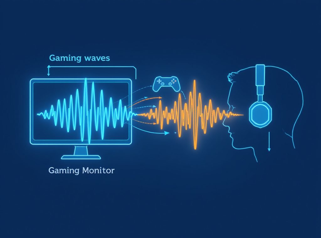 Audio latency diagram showing delay between game audio and headphone output in milliseconds