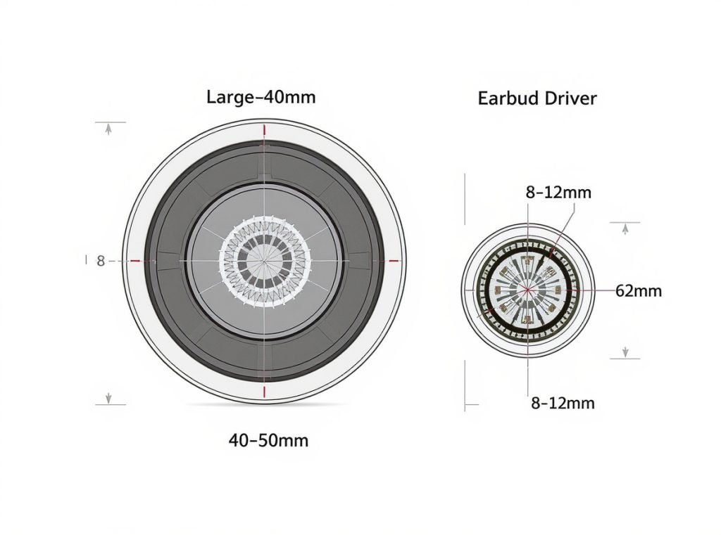 Driver size comparison showing 40-50mm headphone driver vs 8-12mm earbud driver