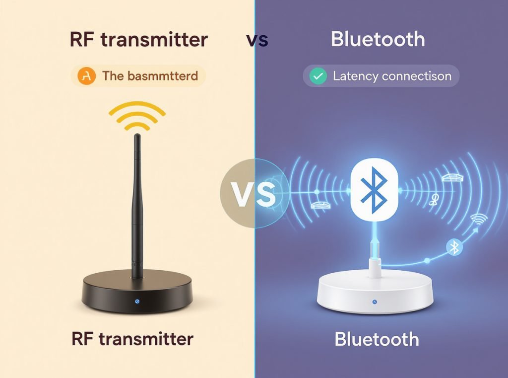 RF versus Bluetooth technology comparison for TV earbuds showing latency differences