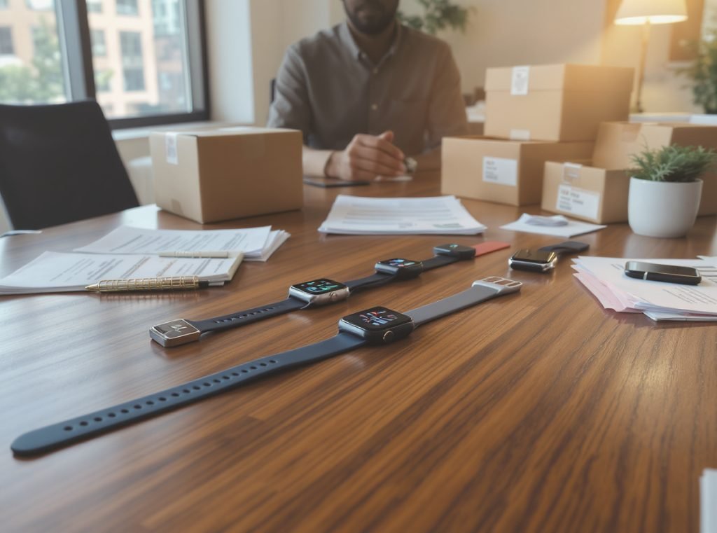 Wholesale smartwatch business meeting with shipping documentation