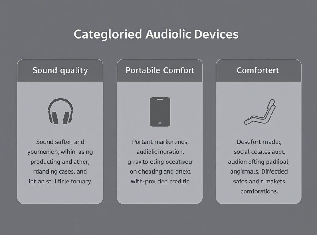 Summary infographic showing key benefits and characteristics of headphones, earphones, and earbuds