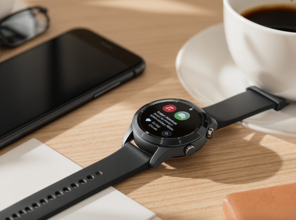 Professional workspace showing smartwatch with WhatsApp messaging capabilities summary