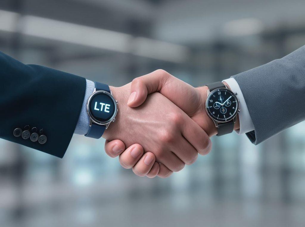 Business professionals comparing LTE and Bluetooth smartwatch options for wholesale distribution decisions