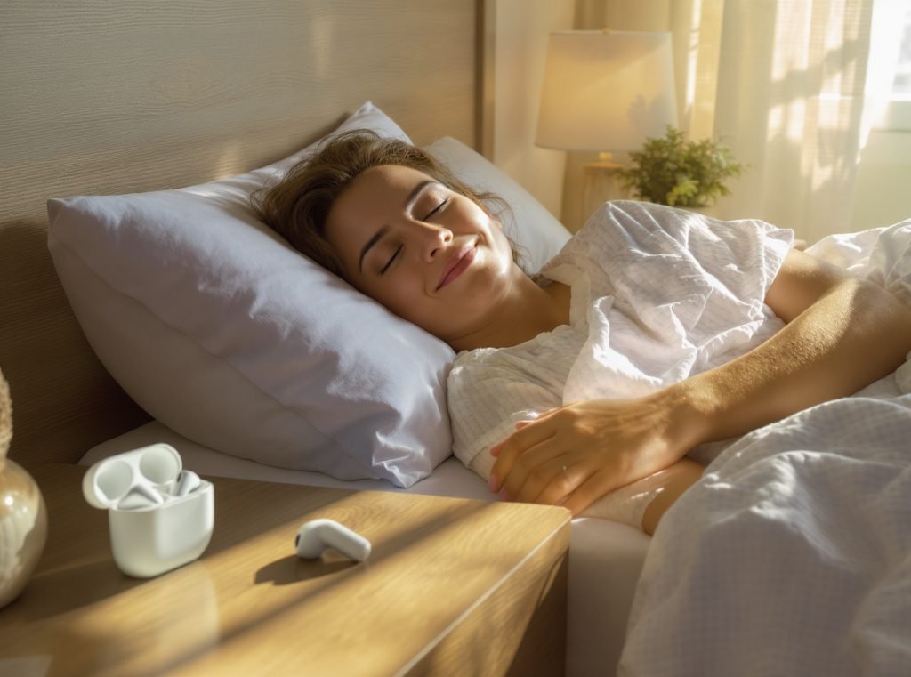 Successful sleep solution with sleep earbuds on nightstand in peaceful bedroom