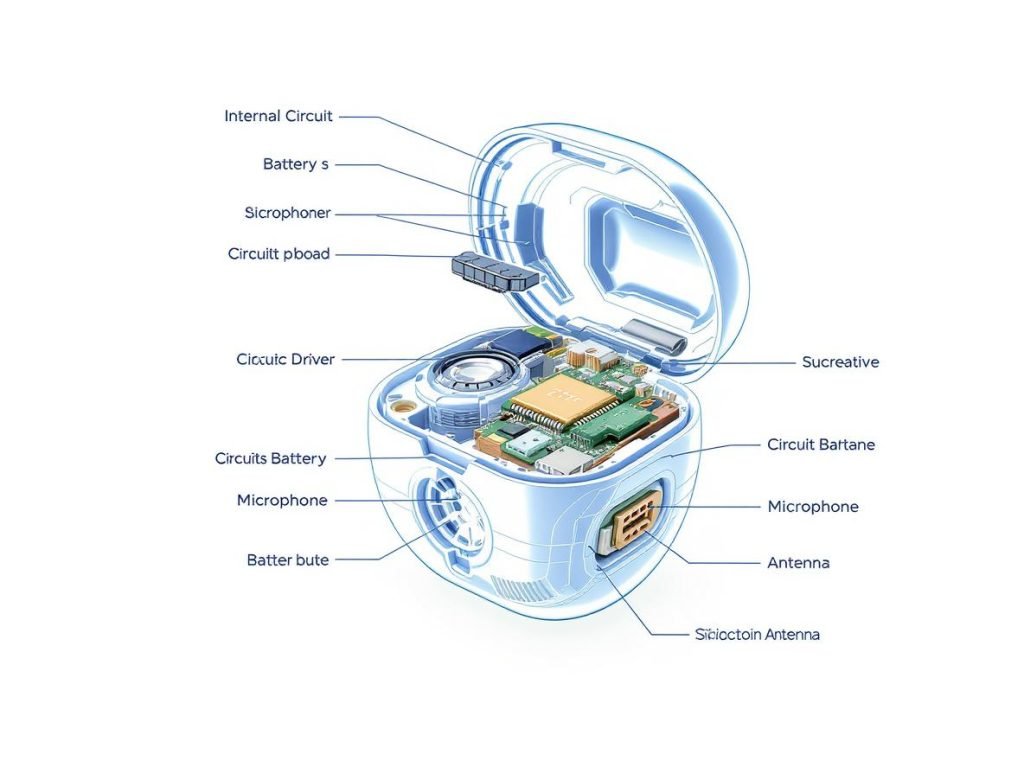 TWS earbuds internal components including Bluetooth chip, battery, and drivers