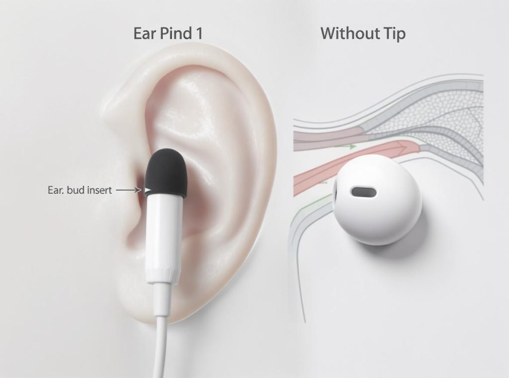 Earphones with silicone tips compared to earbuds showing ear canal placement differences