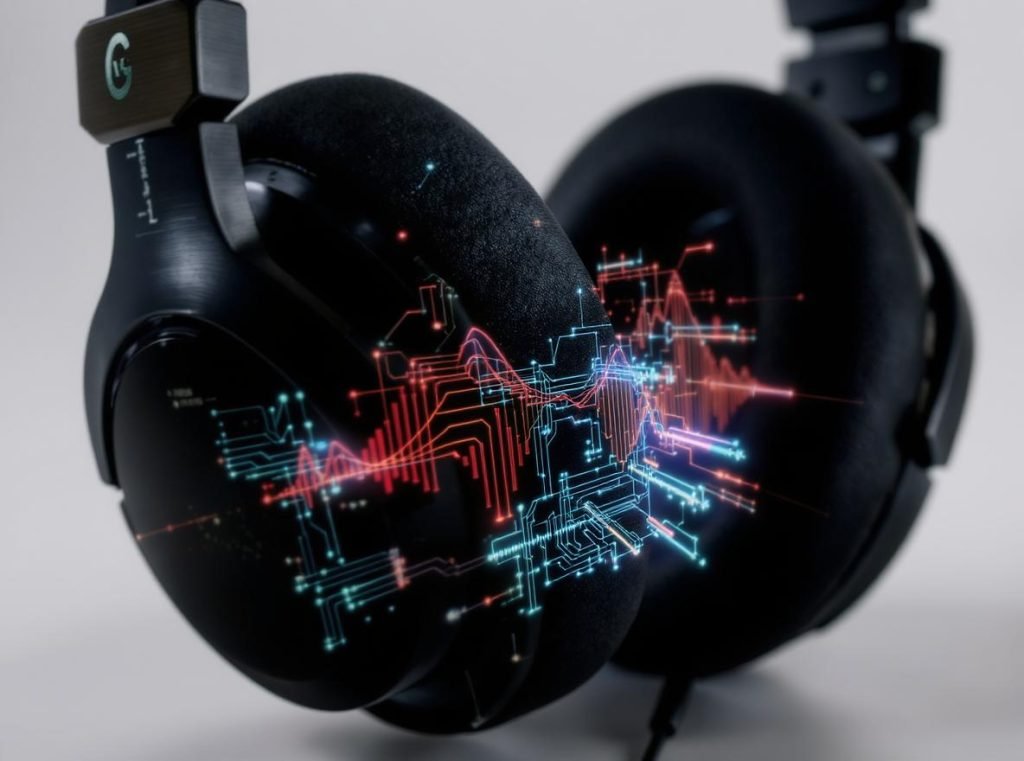 Close-up view of noise-cancelling headphone microphones and digital signal processing system