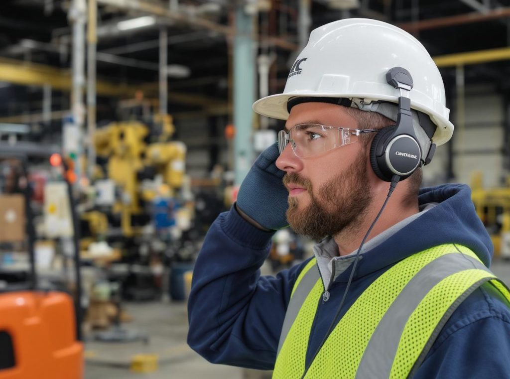 Industrial worker using bone conduction headphones maintaining environmental awareness