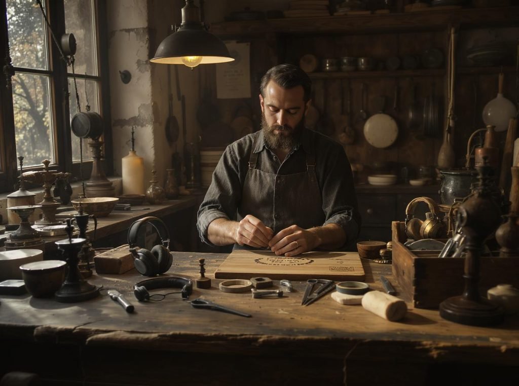Nathaniel Baldwin inventing first modern headphones in his kitchen workshop in 1910