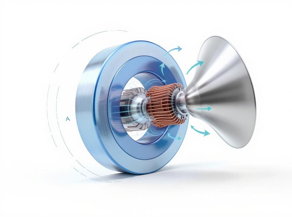 Dynamic headphone driver mechanism showing magnet voice coil and diaphragm components
