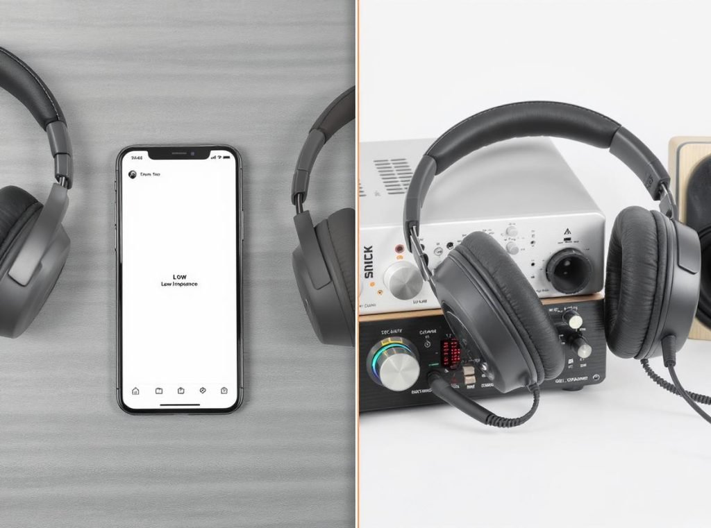 Comparison of low impedance headphones for mobile vs high impedance for professional use