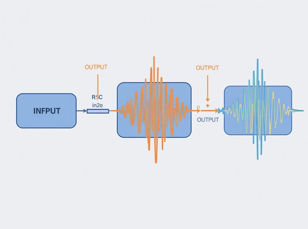 Audio signal amplification process diagram showing input to output transformation