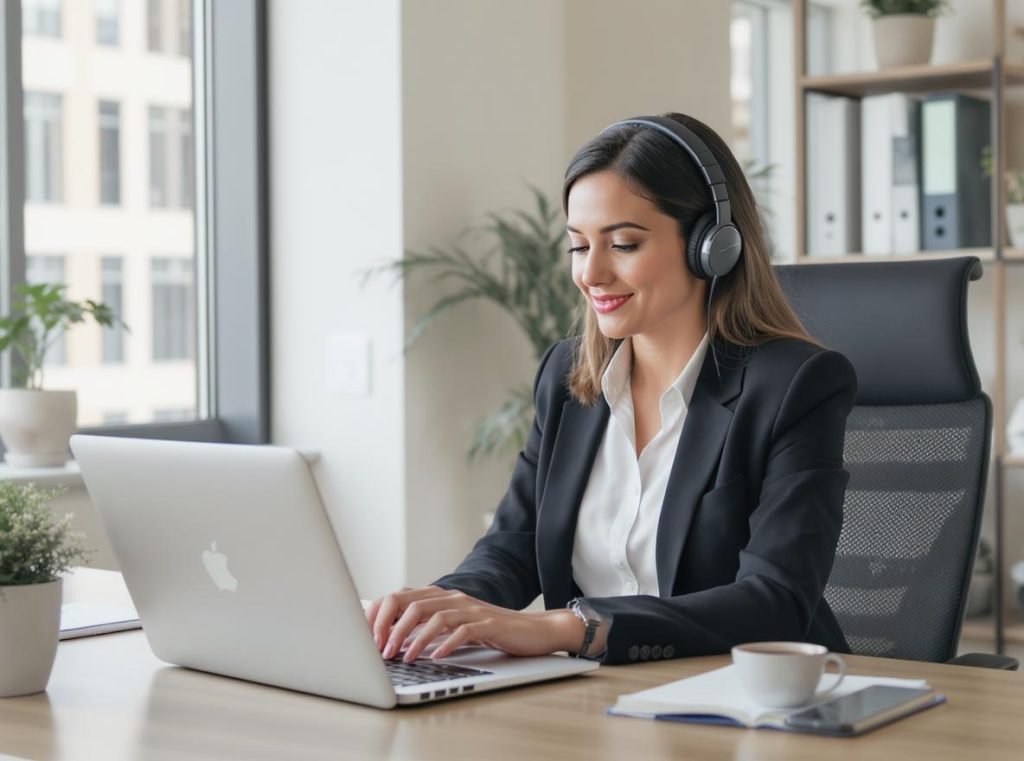 Business professional using multipoint headphones for productivity