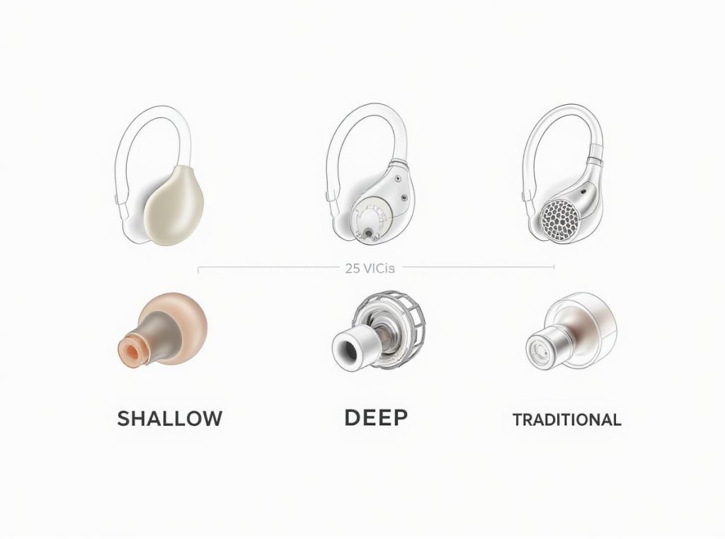 Comparison of different earbud designs showing insertion depths and occlusion levels