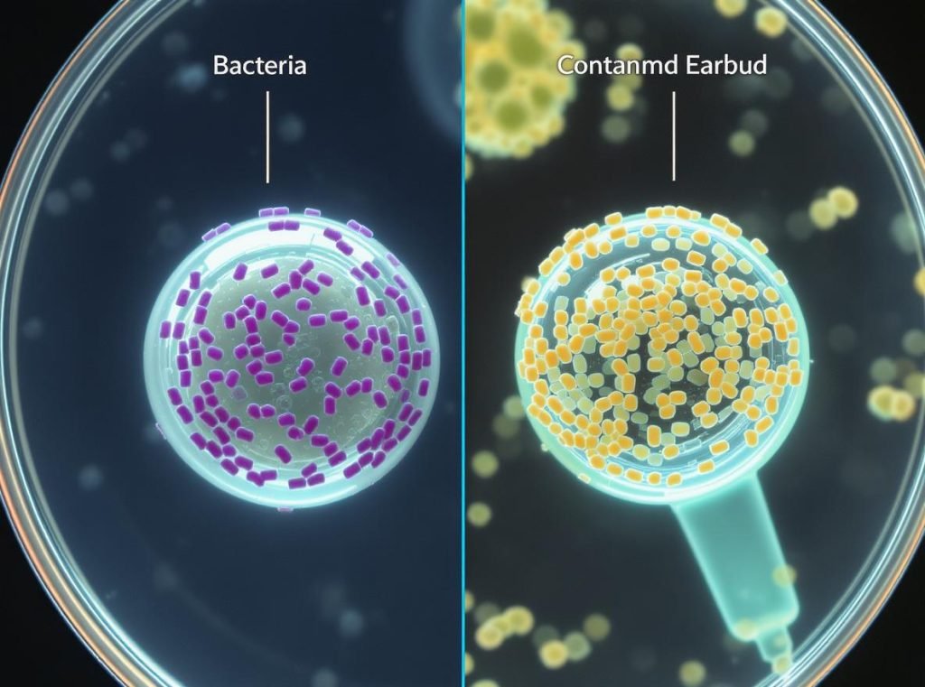 Microscopic illustration of bacteria colonies growing on contaminated earbud surface