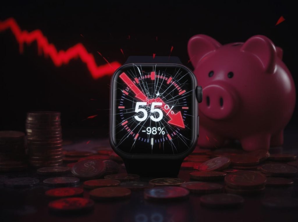 Smartwatch depreciation showing 55% to 98% value loss with downward trending charts