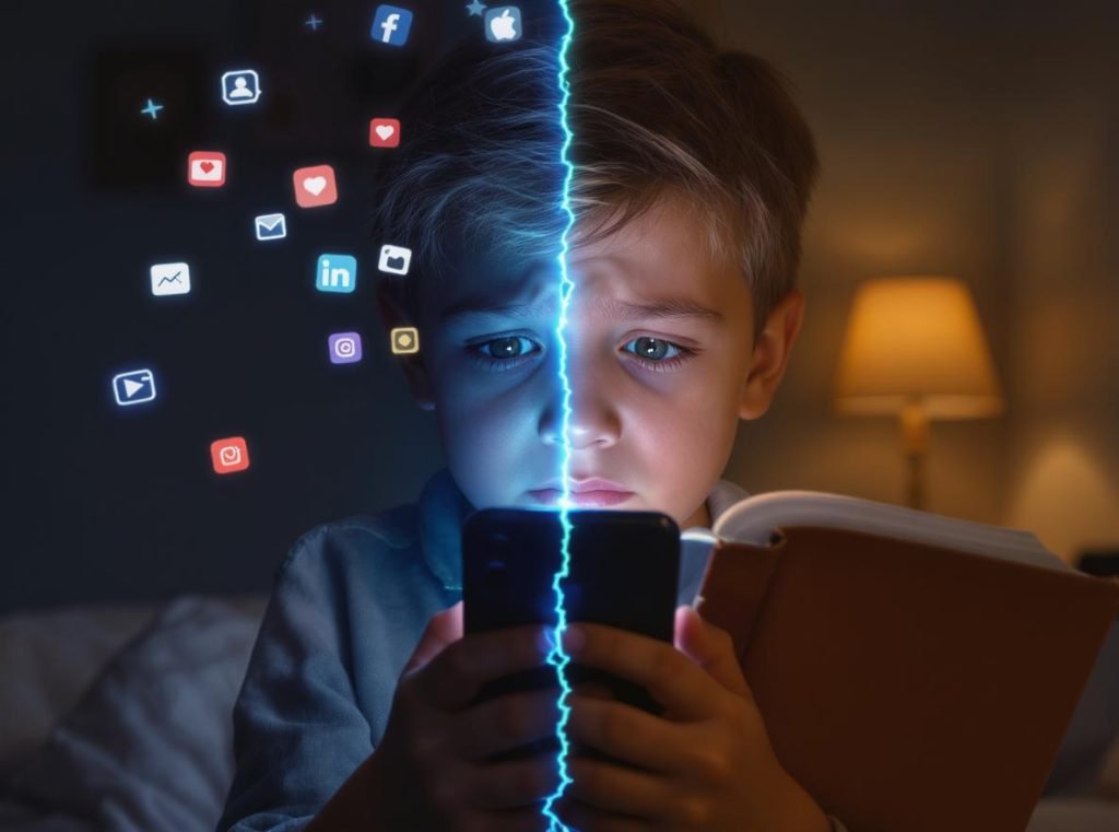 Young child stressed by smartphone use showing mental health concerns