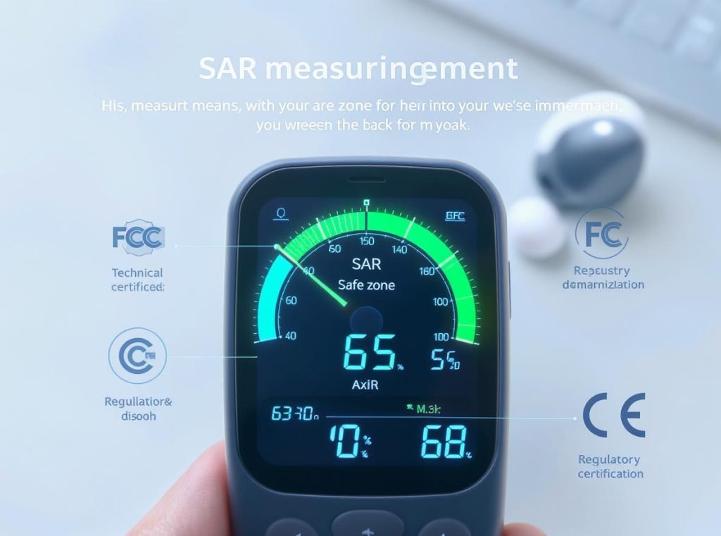 SAR safety measurement gauge showing wireless earbuds operating in safe green zone with regulatory certifications