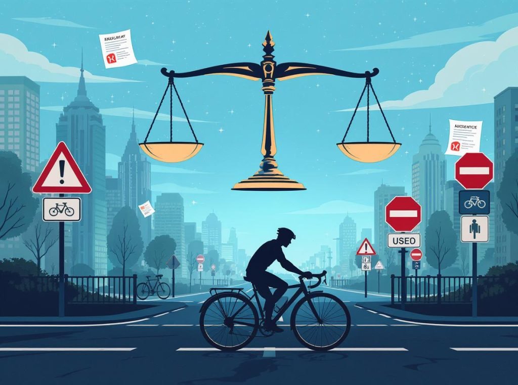 Cyclist on road with legal symbols showing headphone law considerations for bicycle riders